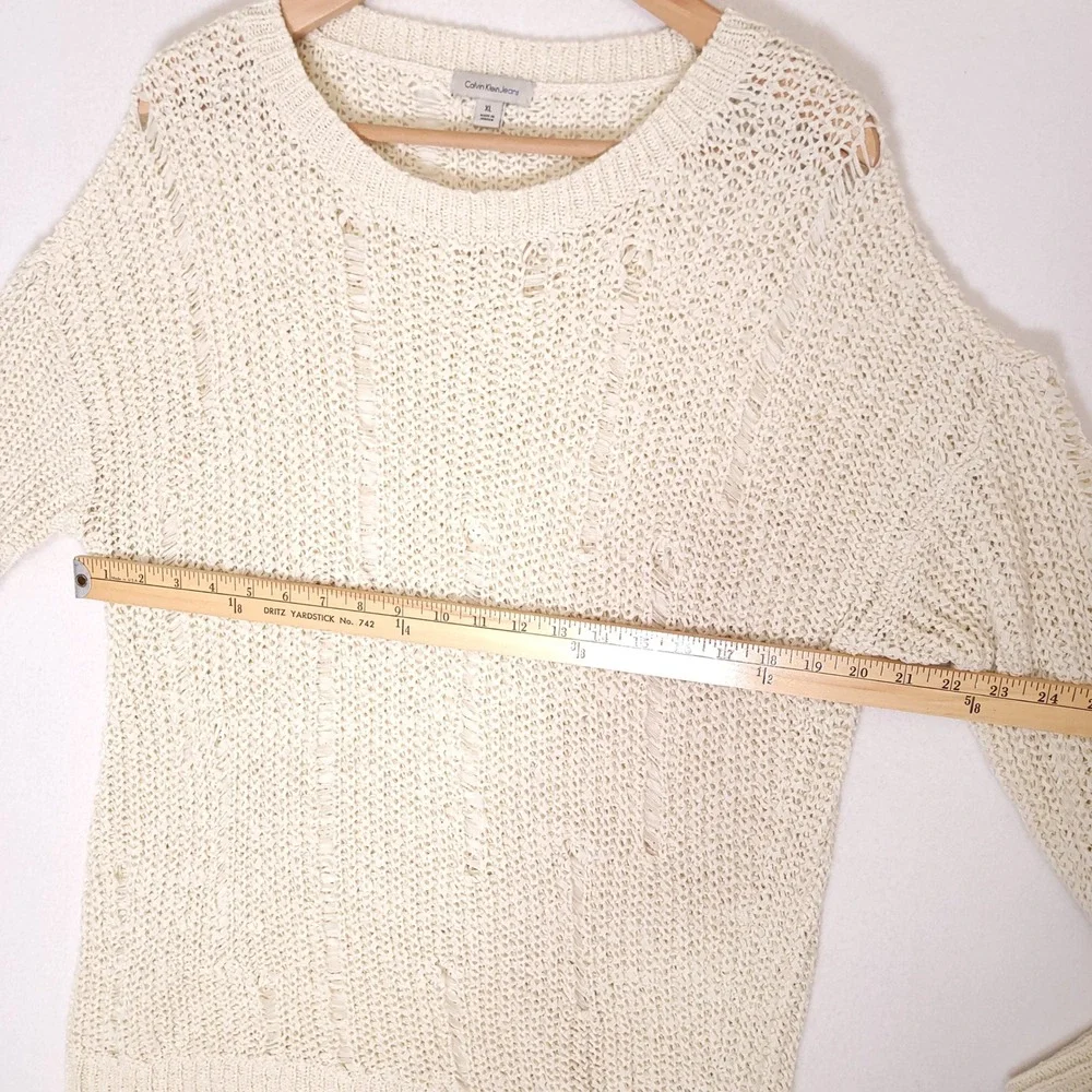 Calvin Klein Womens XL Cream Distressed Open Knit Sweater‎ Long Sleeve Ivory